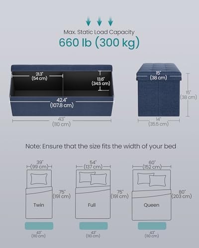 SONGMICS 43.3 Inches Folding Storage Ottoman Bench, Load 660 lb
