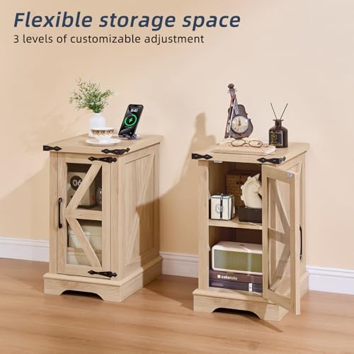 Joaxswe Narrow Night Stand Set 2 with Charger Station, Glass Barn Door