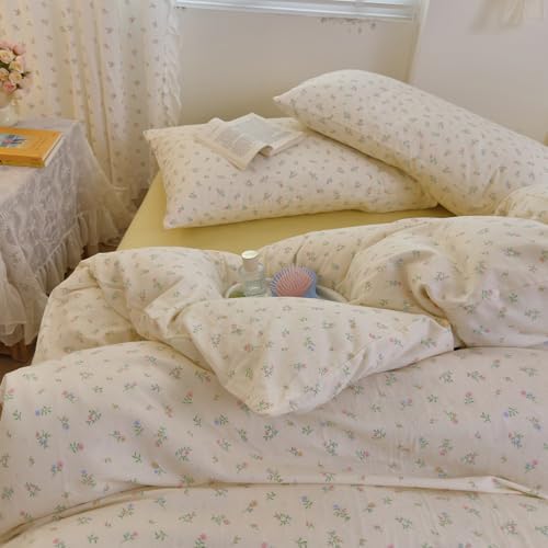 Mini Floral Duvet Cover Set Muslin Cotton Queen(90"x90"),Burgeen