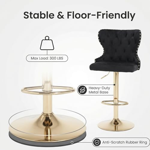 Set of 2 Adjustable Swivel Bar Stools, Velvet Upholstered Counter Height Chairs with Nailhead Trim, Gold Footrest, and High Back for Kitchen Island, Home Bar, Dining Room, Cafe,Black