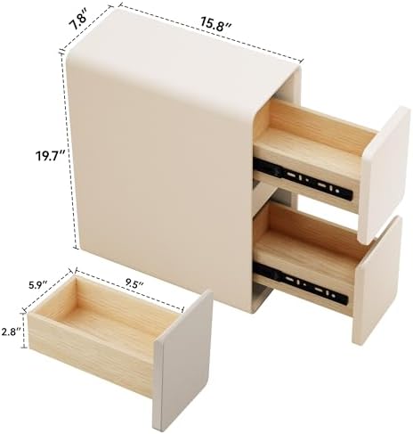 7.8" W Leather Narrow Nightstand Set of 2, Modern Fully-Assembled Bedside Table with 2 Drawers, White Night Stand Small Accent End Table & Side Table for Bedroom, Cream White