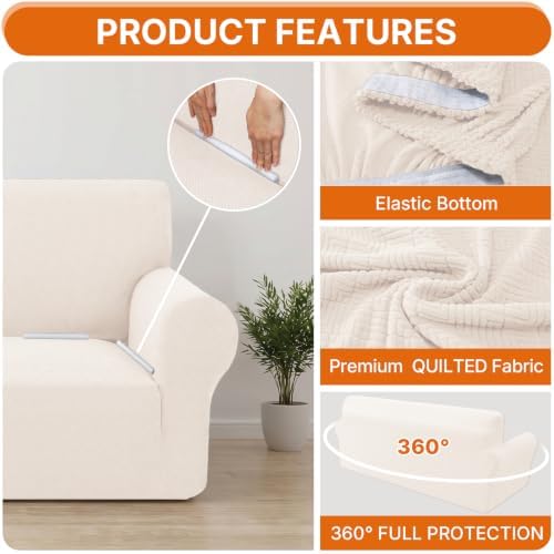 XINEAGE Stretch 4 Seater Slipcover, Non-Slip Pet Couch Cover,Beige White