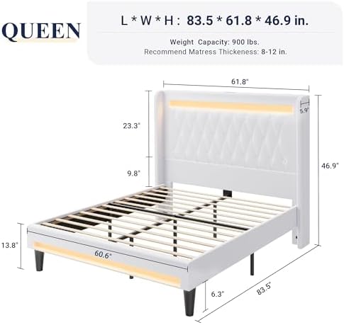 Allewie Queen Size Upholstered Bed Frame with LED & Charging Station, White