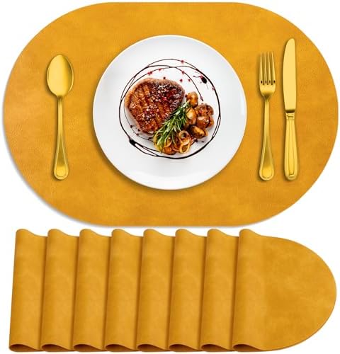 ADRIMER Oval Placemats Set of 8, Wipeable Faux Leather, Yellow
