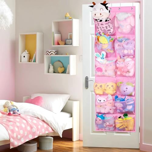 12 Large Mesh Pockets Over the Door Shoe Organizer for Closet Hanging Shoe Rack for Door Sneaker Hanger Boot Storage for Kids, Baby, Toddler, Girl, Pink