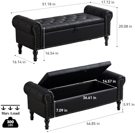 Storage Bench for Bedroom, 51" Upholstered End of Bed Bench, Faux Leather Queen Size Benches with Rolled Arms, Tufted Button Storage Long Ottoman, Living Room, Entryway, Obsidian Black