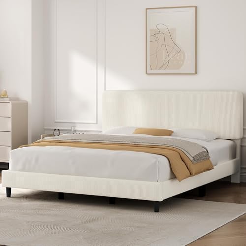 Yaheetech King Bed Frame, Adjustable Chenille Upholstered Headboard, Beige