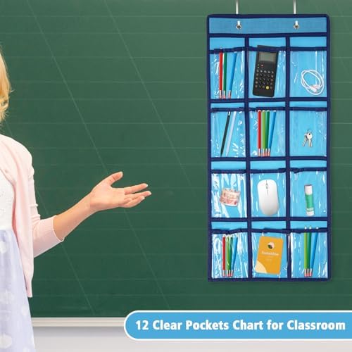 Over the Door Organizer Cell Phone Hanging Classroom Pocket Chart Wall Door Closet Hanging Organizer Durable Fabric Storage Bag, 12 Pockets (Blue)