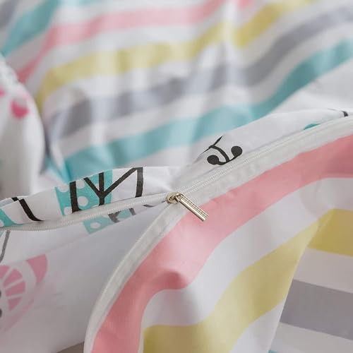 Floral Girls Duvet Cover Twin 100% Cotton Floral Bird Print Bedding Set Garden Style Flower Duvet Cover Breathable Aesthetic Cottagecore Comforter Cover Reversible Striped Bedding Set for Kids Teens