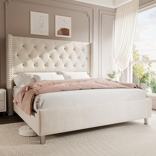 Jocisland King Size Bed Frame with Headboard, 49.2" Velvet Tufted, Cream