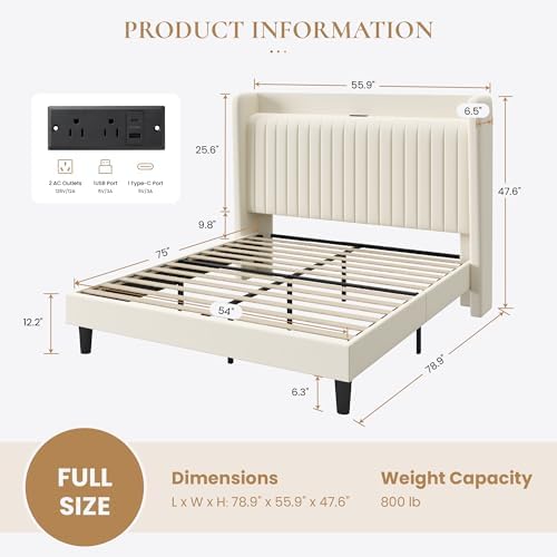 SHA CERLIN Full Size Velvet Bed Frame with Shelf, Charging Station, Cream