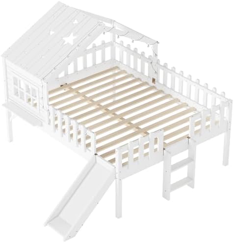Full Loft Bed with Slide and Ladders, Solid Wood Low Loft Bed with Little Tray, Lights, Playhouse Roof, House Loftbed Frame for Kids, Boys, Girls, Childlike and No Box Spring Needed Design, White