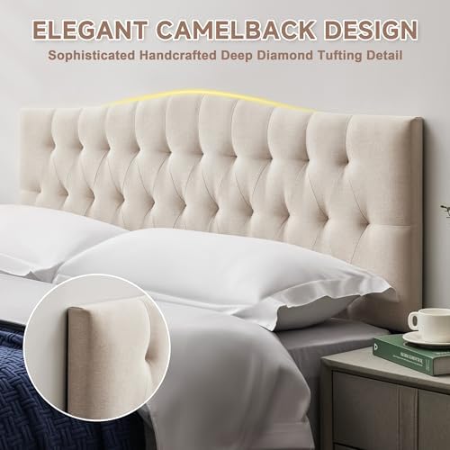 Tufted Upholstered Full Size Headboard Only, Adjustable 38-50 in, Beige