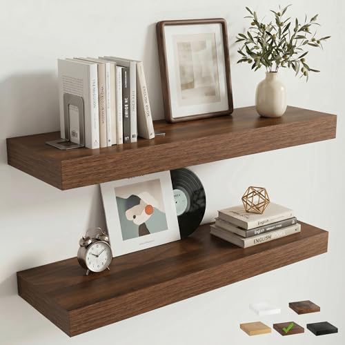 24 Inch Floating Shelves for Wall, 8"D Wood Storage Shelves, Walnut Finish