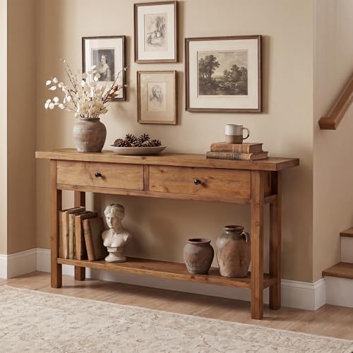 Solid Wood Entryway Table, Console Table with 2 Drawers and Storage Shelf, Narrow Farmhouse Sofa Console Behind the Couch for Hallway, Living Room, Foyer