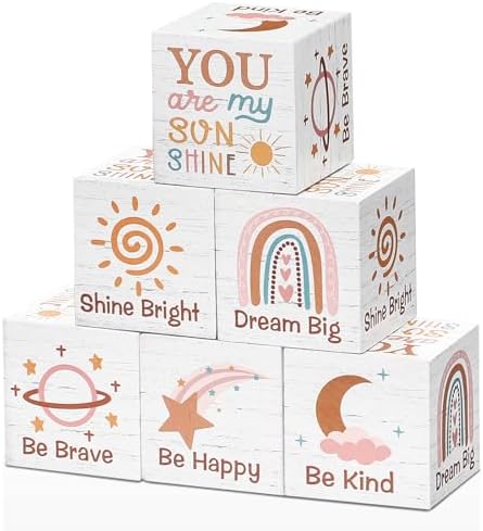 6 Pcs Nursery Shelf Decor Baby Wooden Blocks, Rainbow Style