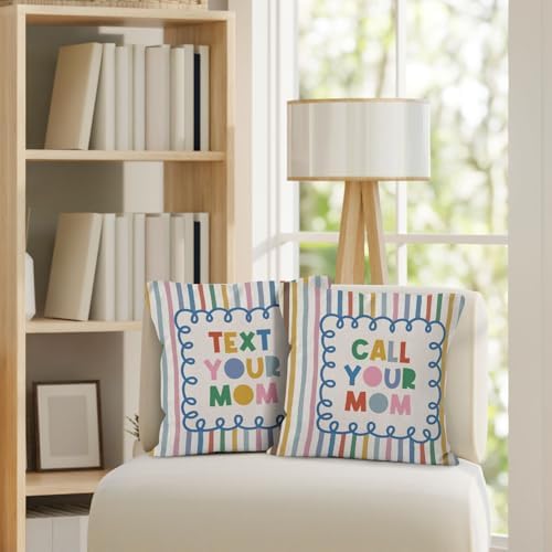 Funny Call Your Mom Throw Pillow Cover 18x18 Set of 2, College Student Gifts Decorative Pillow Covers for College Dorm Room Bedroom Couch Sofa, Colorful Striped Accent Pillows Cover Pillowcases