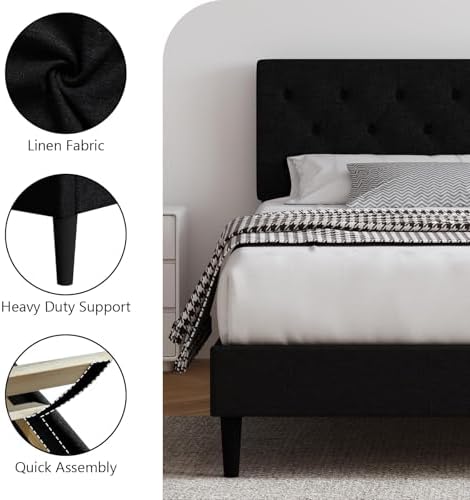 HOMBCK Full Size Bed Frame with Adjustable Headboard, Black