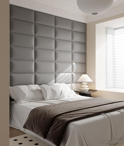Wall-Mounted Upholstered Headboard Panels, 24x12 Inches, Light Grey Imitation Leather, Pack of 6 – DIY Soundproof Accent Wall Panels, Anti-Collision Padding, Easy to Clean, Modern Bedroom Décor