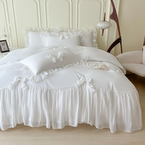 SOUKECHY Girls Lace Bedding,Full Comforter Cover Set, Chic Ruffled Duvet Cover with Lovely Bow,Princess Style 1 Duvet Cover with 2 Pillowcases, No Comforter-White,Full Size
