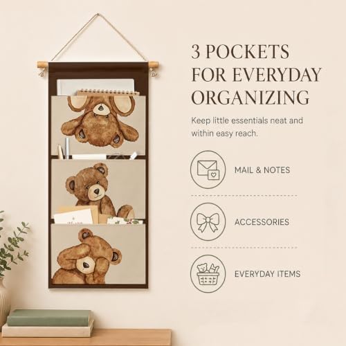 IAXIC Teddy Bear Wall Organizer, Canvas Pockets for Nursery Room