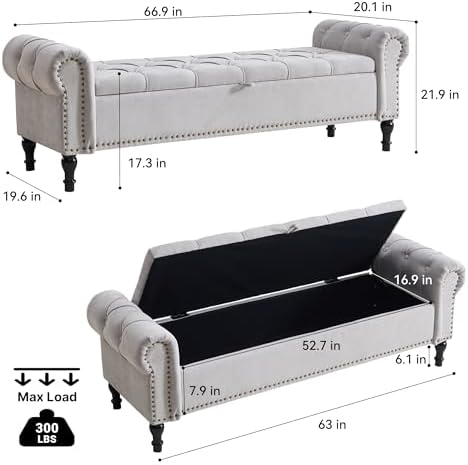 Storage Bed Bench for Bedroom, Chenille 67" End of Bed King Size Benches with Armrest, Tufted Button Upholstered Ottoman Bench for Living Room, Entryway, Silver Grey