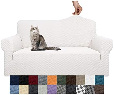 YEMYHOM Couch Cover Latest Jacquard Design High Stretch Sofa Covers for 2 Cushion Couch, Pet Dog Cat Proof Loveseat Slipcover Non Slip Magic Elastic Furniture Protector (Medium, White)