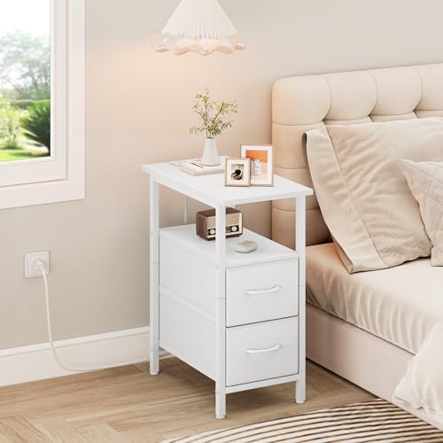 Vagusicc White End Table with Charging Station, Narrow Side Table, 23.8'' Tall Nightstand with 2 Fabric Drawers, Small Sofa Side Table Narrow Nightstand for Small Spaces, Bedroom, Bedsise Table, White