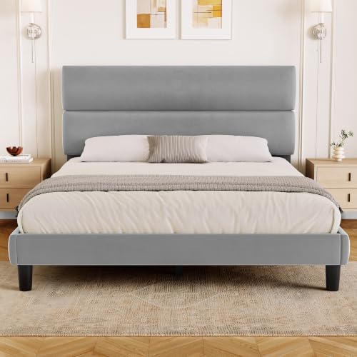 GRUSIGN Platform Bed Frame with Velvet Headboard, Adjustable Height Wooden Slats Support, Upholstered Mattress Foundation, Fits Mattress or Mattress with Box Spring, Easy Assembly, Grey, Queen