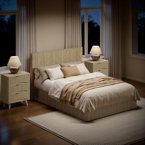Evermagin Queen Bedroom Set, Storage Bed Frame & 3-Drawer Nightstands, Oak