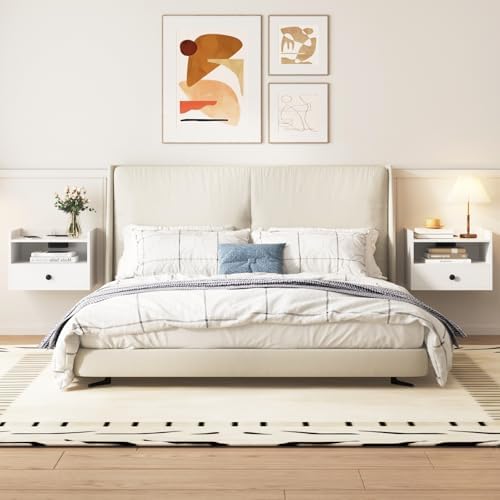 Floating Nightstand Set of 2 Modern Night Stands with Drawer and Open Shelf