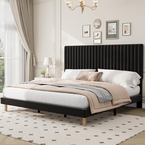 King Bed Frame with Adjustable Headboard, Velvet Upholstered Platform Bed