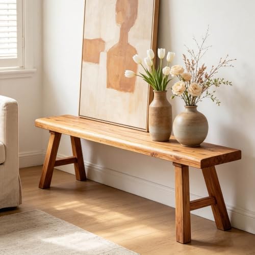 Narrow Entryway Bench Farmhouse Wood End of Bed Bench 20" 32" 39" 47" 55" 63" 71" 79" Sturdy Stable Skinny Long Benchs for Bedroom Hallway Dining Room Porch Easy to Assemble Natural Finish(32")