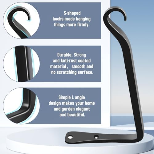 FEED GARDEN Heavy Duty Plant Hooks - 2 Pack 8 Inch Wall Mounted Hanging Brackets, 44lb Capacity Steel Plant Hangers for Bird Feeders, Baskets, Wind Chimes Outdoor Indoor- Black