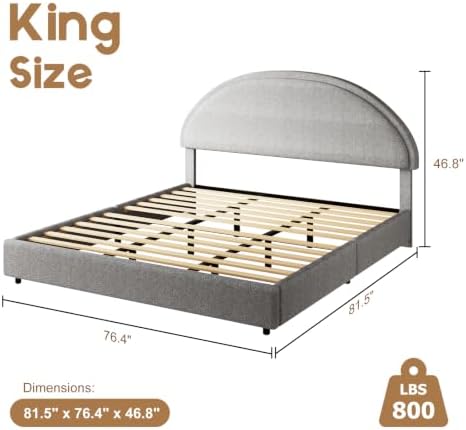 REVOMINCA King Size Bed Frame, Upholstered Platform Bed with Headboard, Boucle Bed Frame with Round Corner, No Box Spring Required, Easy Assembly, Grey