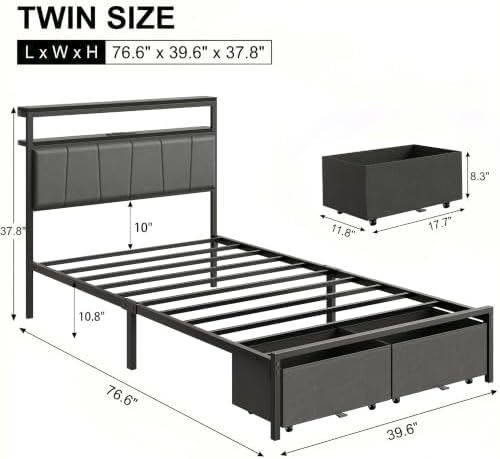 Twin Bed Frame with Storage Drawers and Charging Station, Grey