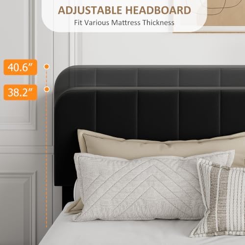 Garvee King Size Velvet Bed Frame with Adjustable Headboard, Black