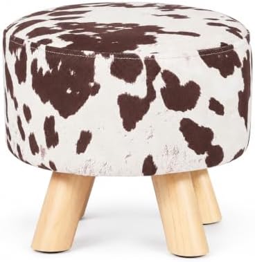 Small Round Ottoman Foot Stool, 10.4" H Footrest for Under Desk & Mini Spaces, Upholstered Linen Fabric Accent Stool for Living Room & Bedroom, Brown Cow