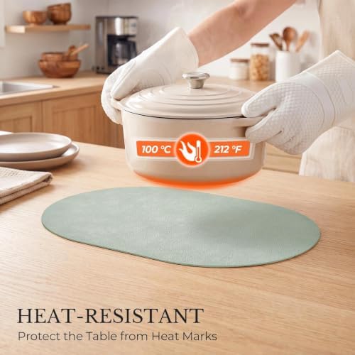 MOSAYT Vinyl Faux Leather Oval Placemats, Set of 6, Green