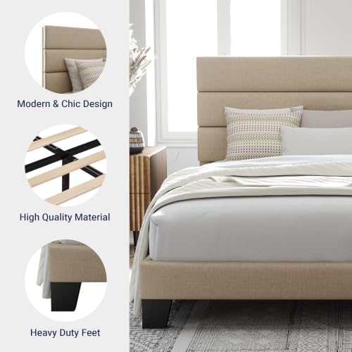 Allewie Cal King Size Platform Bed Frame with Fabric Upholstered Headboard