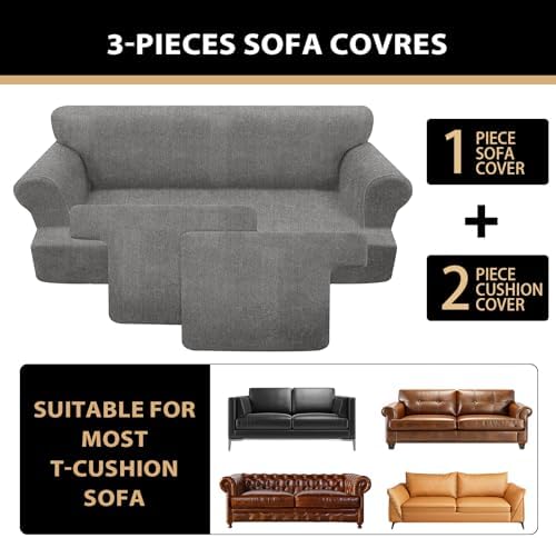3 Pieces Sofa Covers fot T Cushion Loveseat Slipcover, Sofa Stretch Slip Covers for 2 Cushion Couch with 2 Individual T Shape Seat Covers (Light Gray, 2 Cushion)