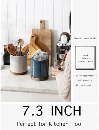 Utensil Holder, 360° Rotating Extra Large Ceramic Kitchen Utensil Holder for Countertop, 7.3“ Cooking Utensil Crocks for Kitchen Counter with Rotatable Wooden Base, Farmhouse Decor, Grey