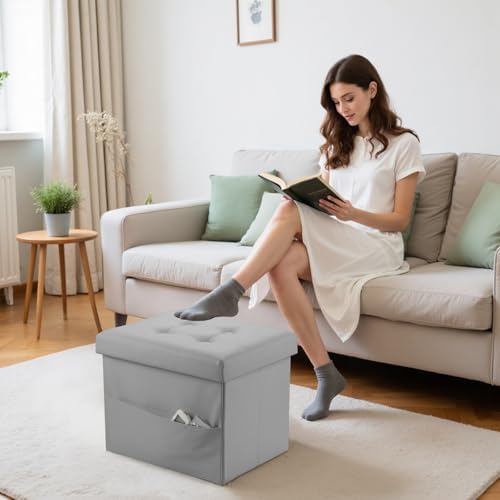 Bsketa Storage Ottoman Bench,17 Inch Folding Leather Foot Rest Stool, Grey