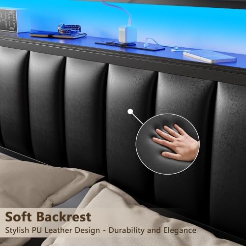 Furnulem Black Full Size Bed Frame with Charging Station & LED Lights