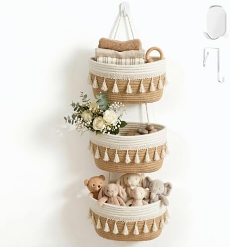 Over the Door Organizer, 3-Tier Cotton Rope Hanging Storage Basket