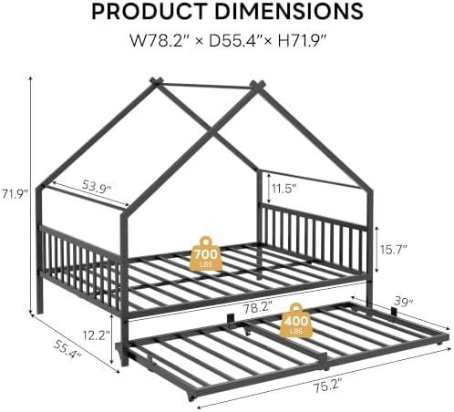 LIKIMIO Daybed with Trundle, House Full Bed Frame for Bedroom, Black