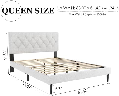 HAOARA Queen Size Platform Bed Frame with Upholstered Button Tufted Headboard, Mattress Foundation with Wooden Slat Support, Noise Free, No Box Spring Needed, Easy Assembly, Light Grey