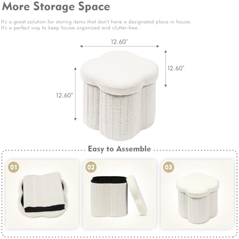 B FSOBEIIALEO Storage Ottoman Cube,12.6" Flower Shaped Ottomans,Cream White