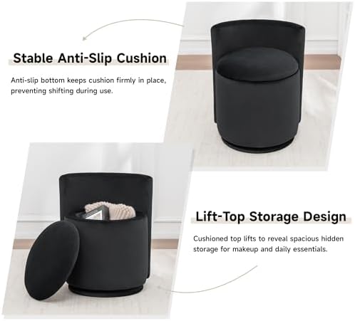 MINCETA Vanity Chair with Storage, 360° Swivel Accent Chair, Deep Black