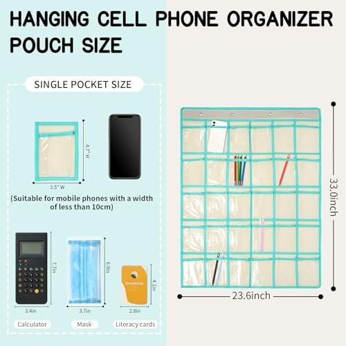 30 Clear Pockets Classroom Pocket Chart Organizer, Pocket Chart for Phone Calculator Holder, Hanging Wall Door Calculator Phone Caddy with Hooks (Beige)